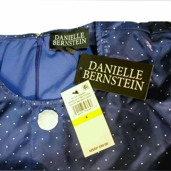 Danielle Bernstein Rhinestone Button Fit Flare Satin Mini Dress Navy Dots NWT - Picture 4 of 9